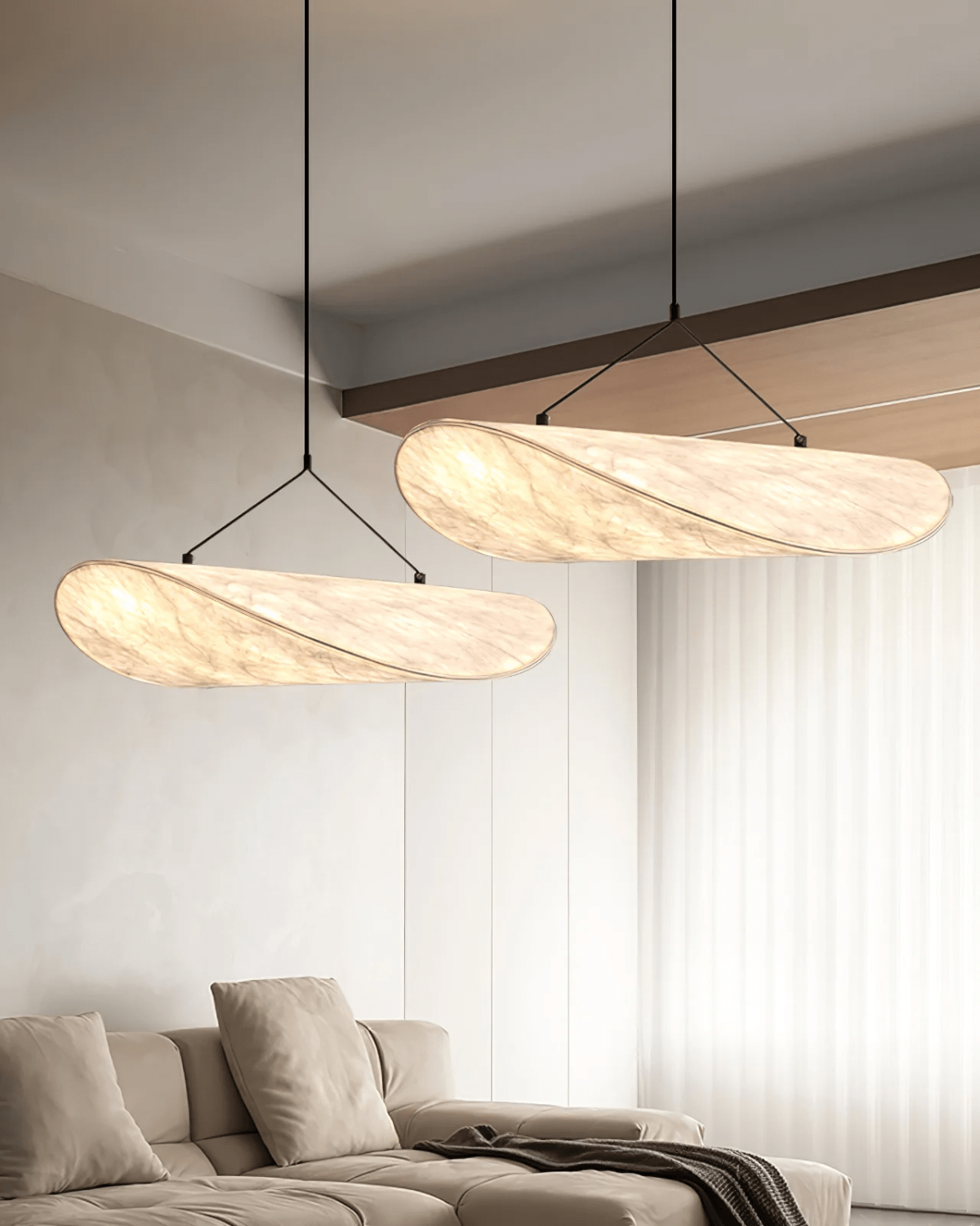 Japandi pendant lamp featuring an eclipse effect, designed with dimmable artificial silk, perfect for modern kitchen lighting. 7