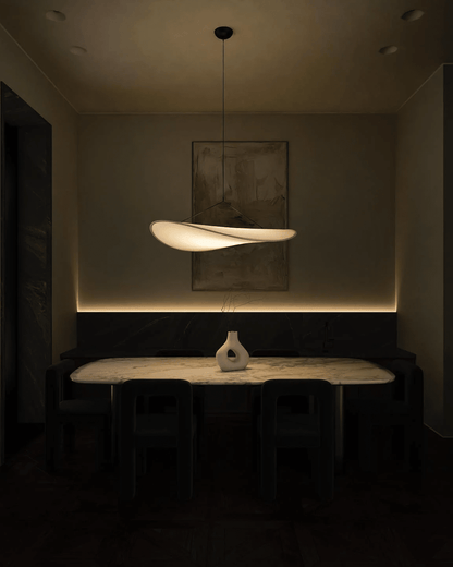 Japandi pendant lamp featuring an eclipse effect, designed with dimmable artificial silk, perfect for modern kitchen lighting. 4