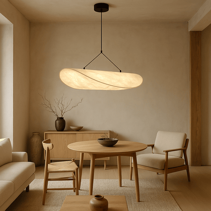 Japandi pendant lamp featuring a sleek black design with a silk shade, perfect for illuminating kitchens and dining areas with LED compatibility. 4