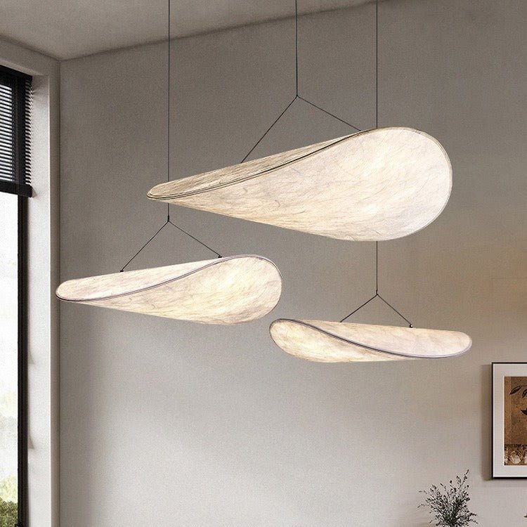 Japandi pendant lamp featuring a sleek black design with a silk shade, perfect for illuminating kitchens and dining areas with LED compatibility. 6