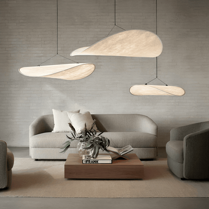 Japandi pendant lamp featuring a sleek black design with a silk shade, perfect for illuminating kitchens and dining areas with LED compatibility. 0