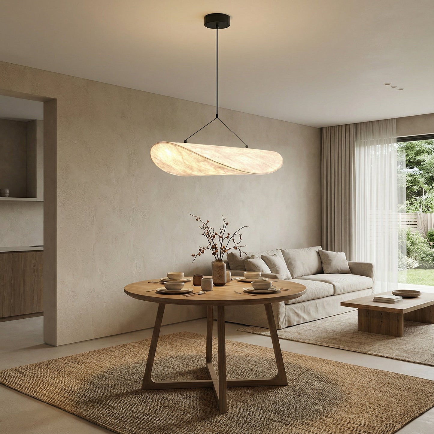 Japandi pendant lamp featuring a sleek black design with a silk shade, perfect for illuminating kitchens and dining areas with LED compatibility. 1