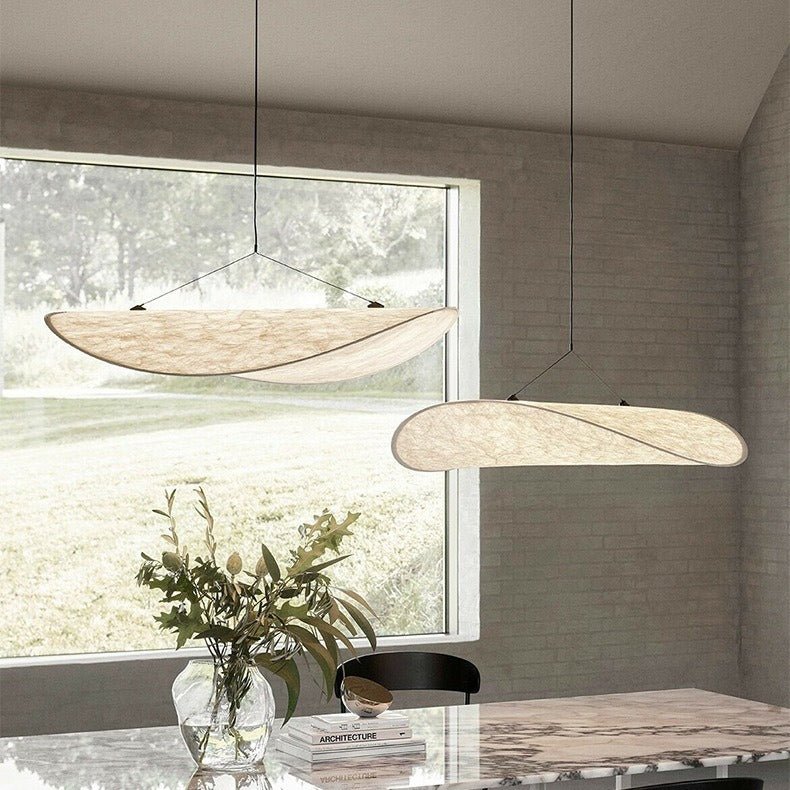 Japandi pendant lamp featuring a sleek black design with a silk shade, perfect for illuminating kitchens and dining areas with LED compatibility. 5