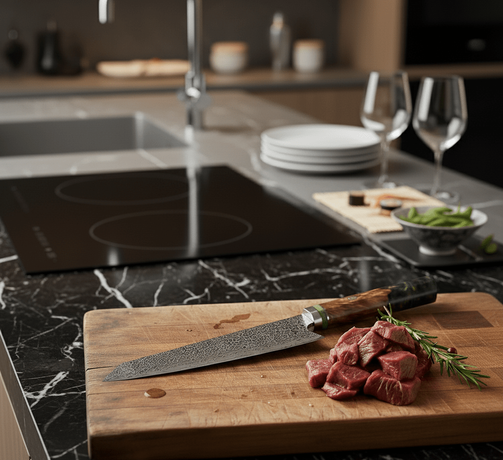 Japanese Chef's Knife featuring a 23 cm Damascus steel blade and an ergonomic emerald green handle, designed for precision and comfort in the kitchen. 1