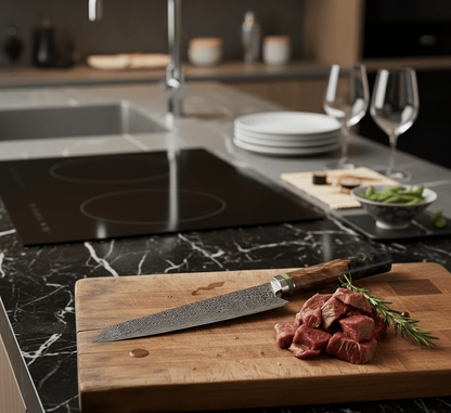 Japanese Chef's Knife featuring a 23 cm Damascus steel blade and an ergonomic emerald green handle, designed for precision and comfort in the kitchen. 1