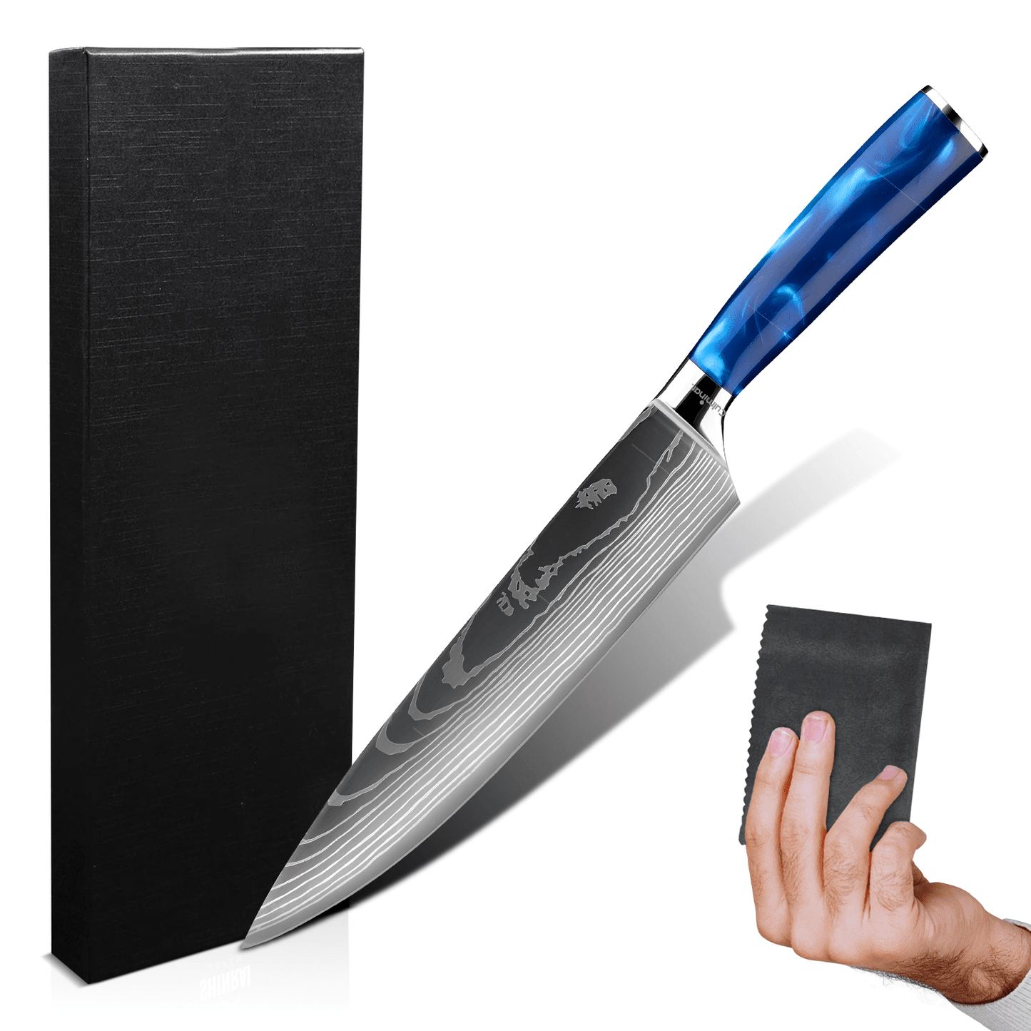 High-quality Japanese chef's knife featuring a stunning Damascus print, crafted from premium German carbon steel, with an eye-catching sapphire blue design. 0