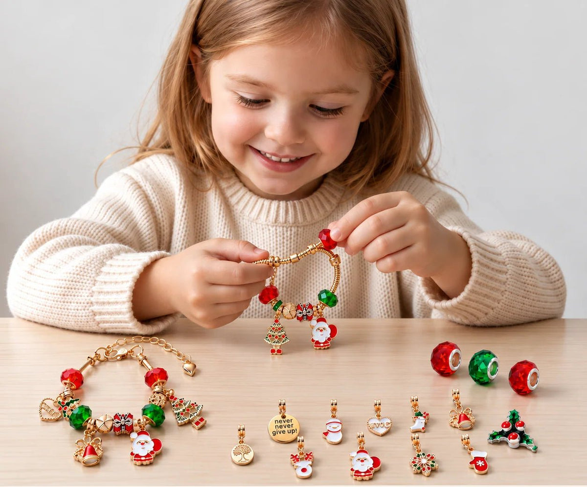 Jewelry making kit for kids featuring colorful beads and daily charms for creating Christmas bracelets, ideal for holiday crafting and fun activities. 1