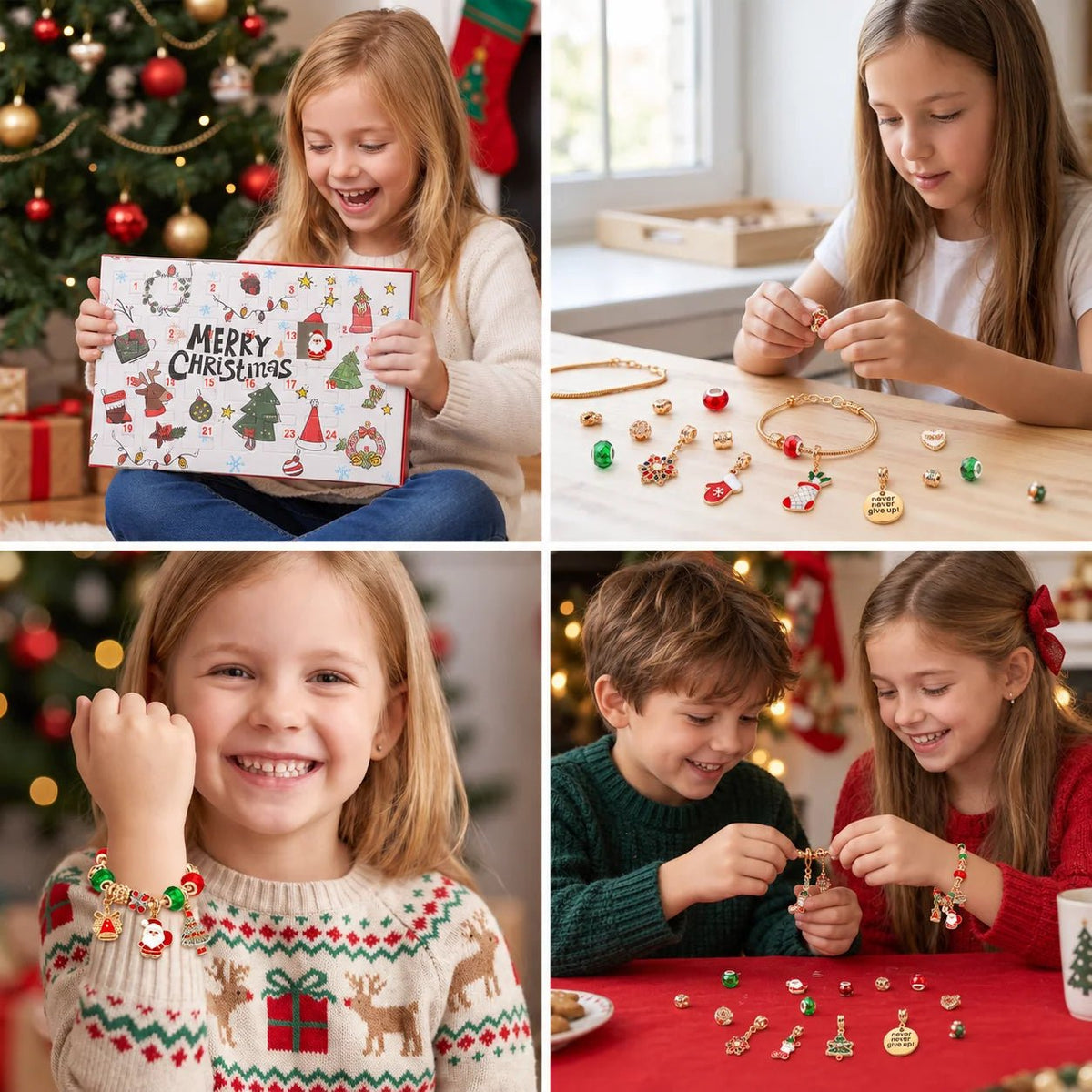 Jewelry making kit for kids featuring colorful beads and daily charms for creating Christmas bracelets, ideal for holiday crafting and fun activities. 2