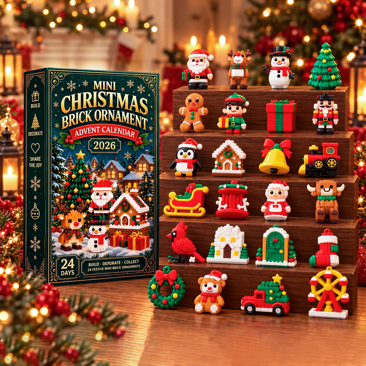 Kids Advent Calendar featuring colorful mini brick ornaments made from durable soft PVC, perfect for festive Christmas countdown activities. 0