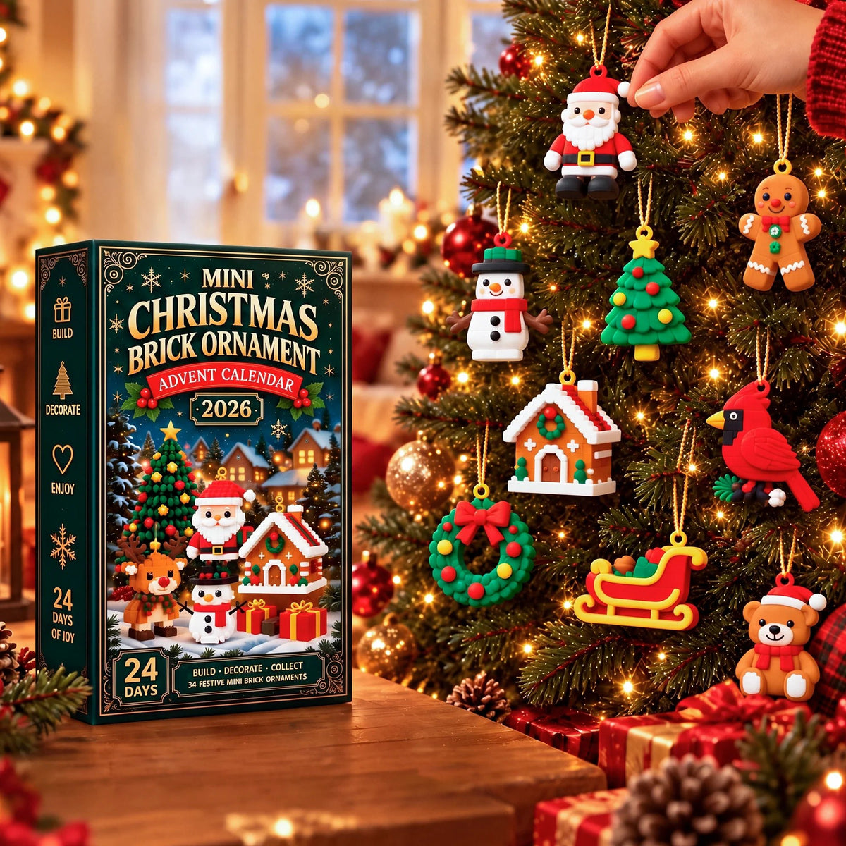 Kids Advent Calendar featuring colorful mini brick ornaments made from durable soft PVC, perfect for festive Christmas countdown activities. 1