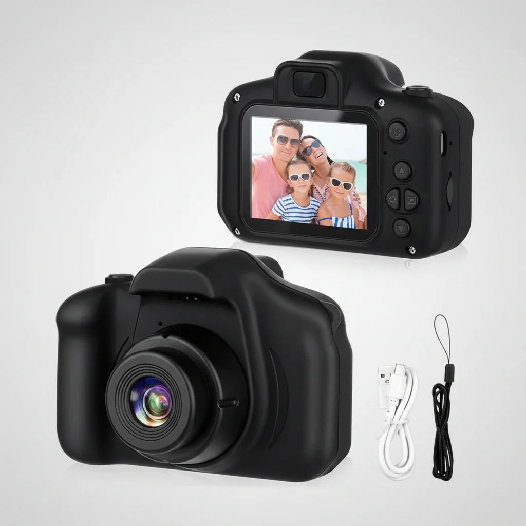 Kids digital camera featuring 12MP photo resolution and HD video recording, designed for durability and ease of use, equipped with 64GB storage for capturing 0