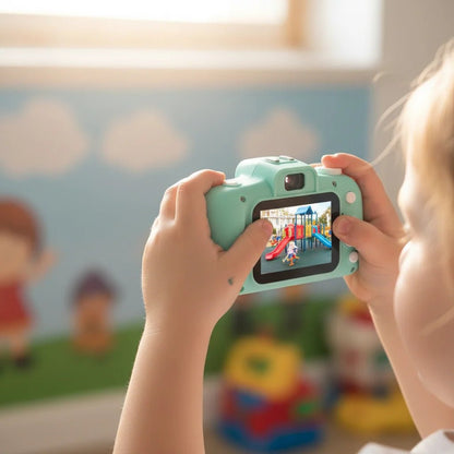 Kids digital camera featuring 12MP photo resolution and HD video recording, designed for durability and ease of use, equipped with 64GB storage for capturing 10