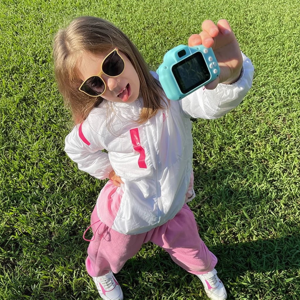 Kids digital camera featuring 12MP photo resolution and HD video recording, designed for durability and ease of use, equipped with 64GB storage for capturing 3
