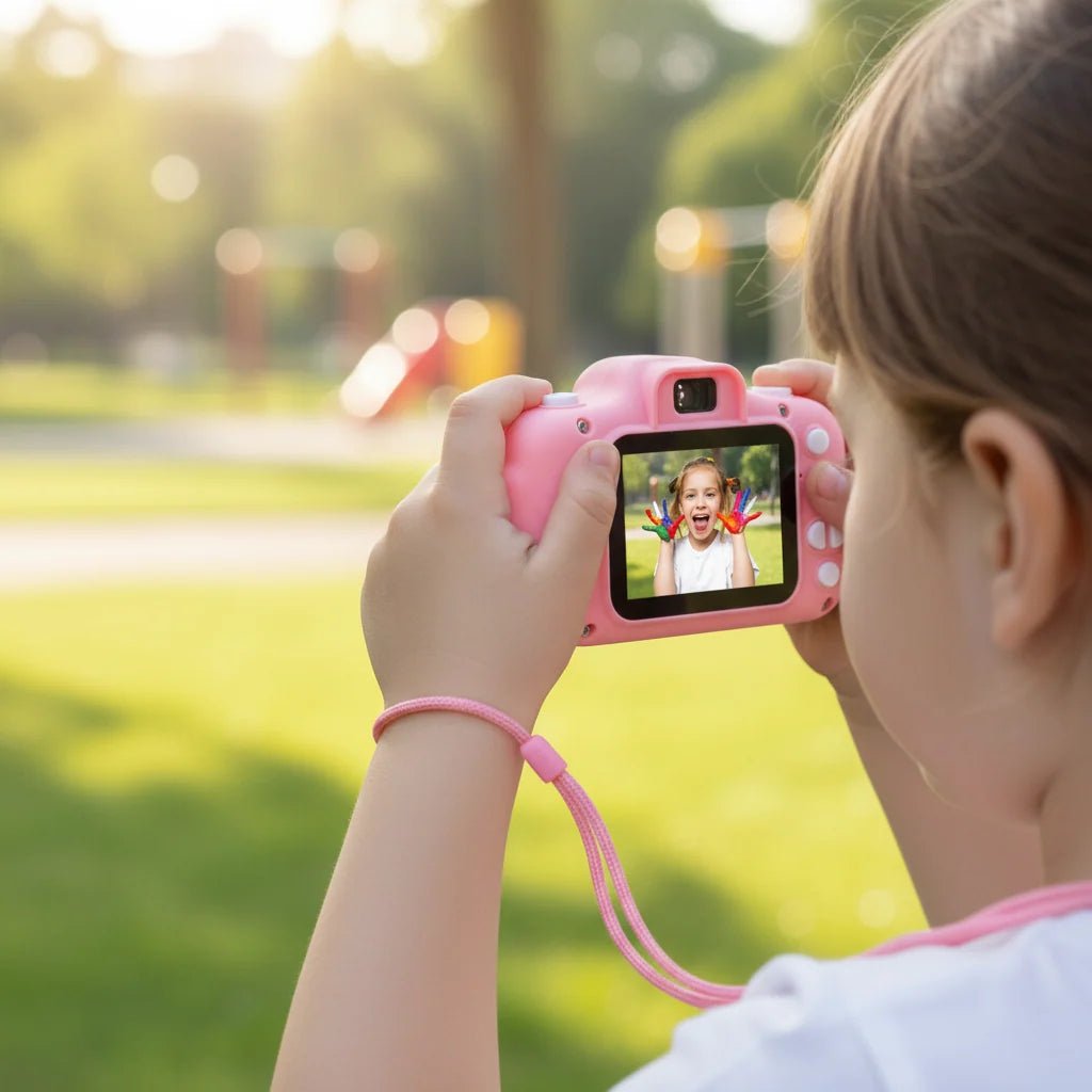 Kids digital camera featuring 12MP photo resolution and HD video recording, designed for durability and ease of use, equipped with 64GB storage for capturing 7
