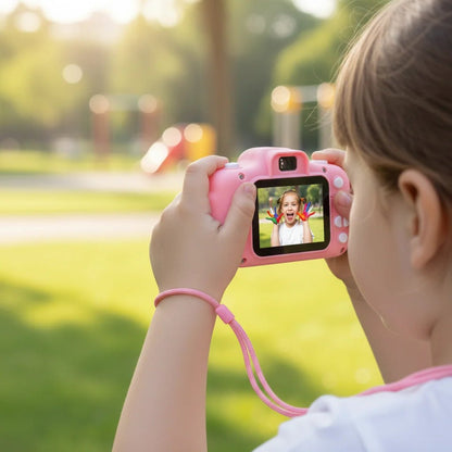 Kids digital camera featuring 12MP photo resolution and HD video recording, designed for durability and ease of use, equipped with 64GB storage for capturing 7