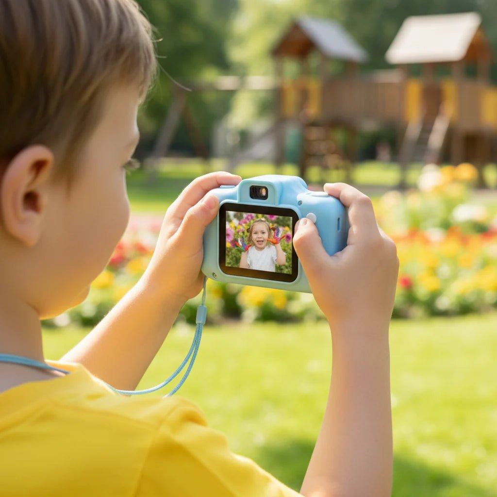 Kids digital camera featuring 12MP photo resolution and HD video recording, designed for durability and ease of use, equipped with 64GB storage for capturing 2