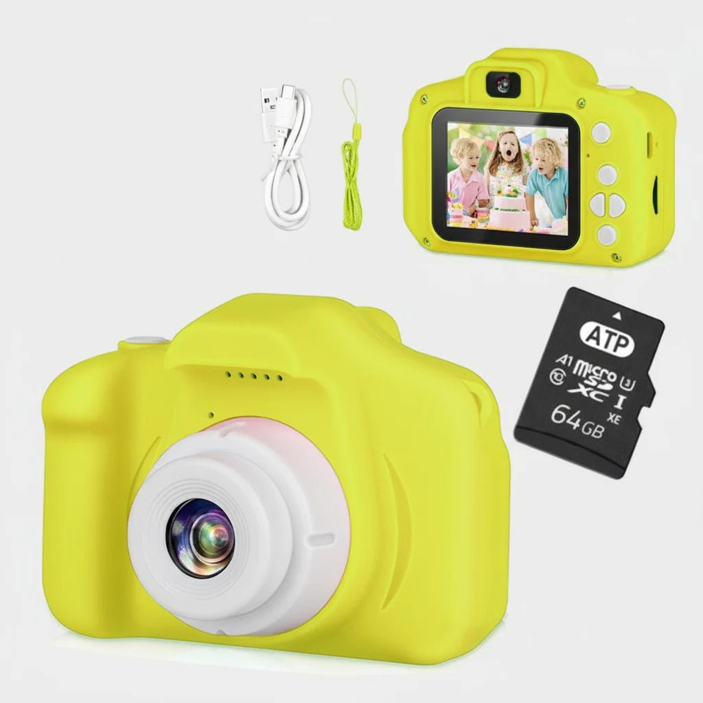 Kids digital camera featuring 12MP photo resolution and HD video recording, designed for durability and ease of use, equipped with 64GB storage for capturing 9