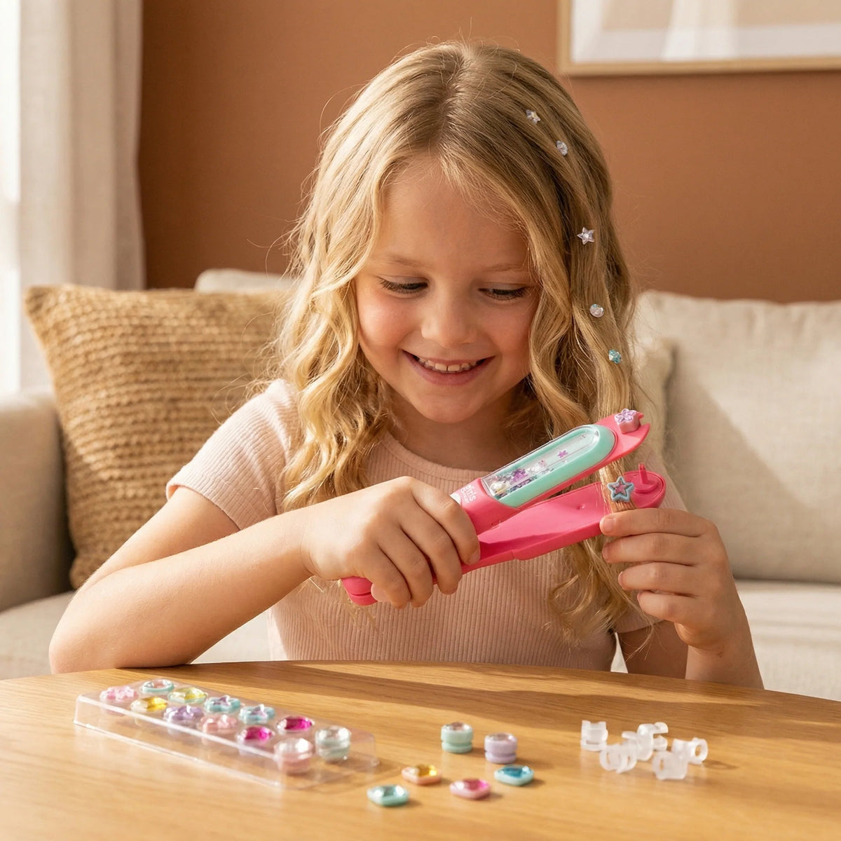 Kids Hair Gem Styling Kit featuring reusable rhinestones and an easy application hair stamper for creating fun and creative hairstyles. 0