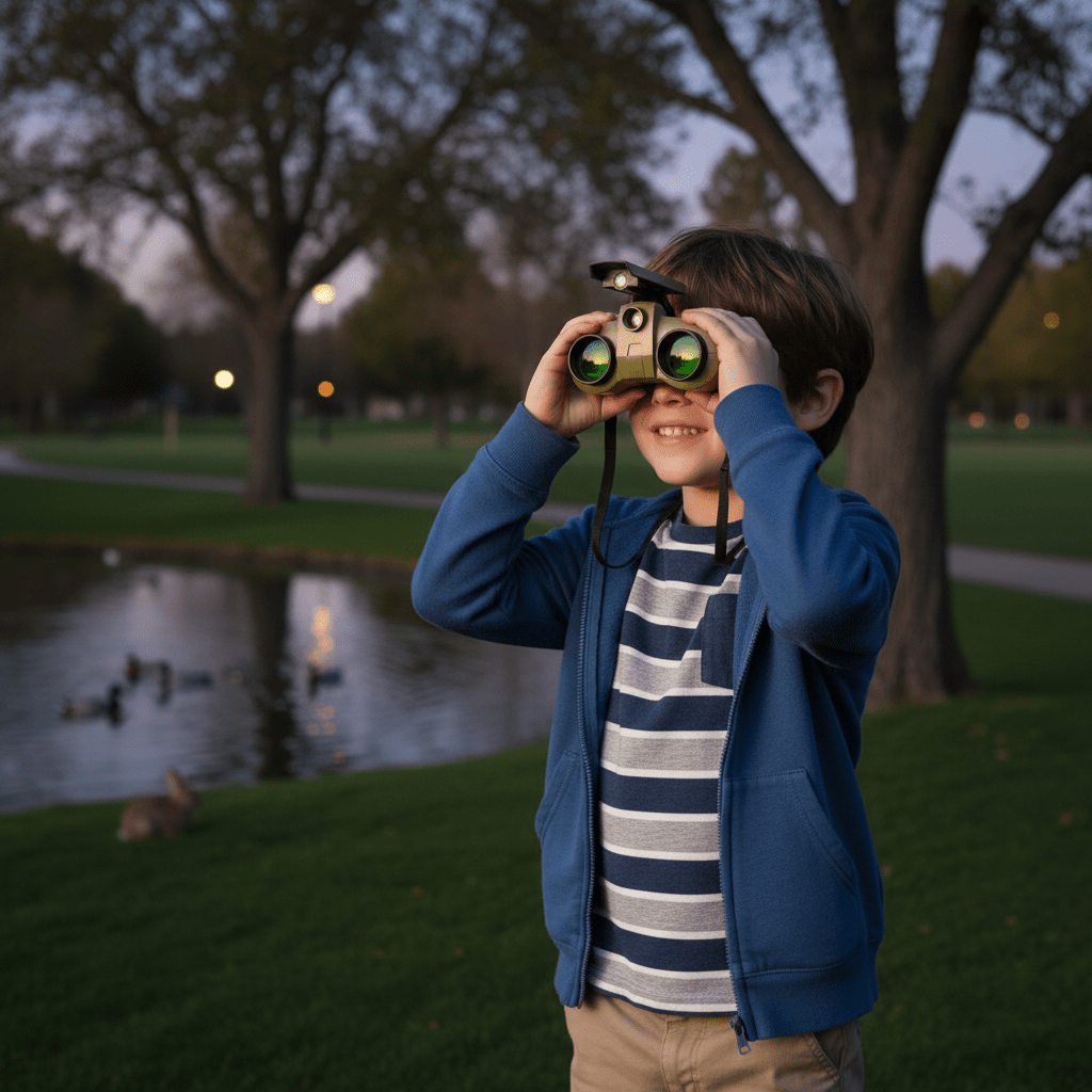 Kids night vision binoculars with adjustable eyepieces, perfect for outdoor adventures and exploration during day and night, designed for lightweight portability and fun. 1