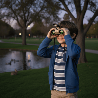 Kids night vision binoculars with adjustable eyepieces, perfect for outdoor adventures and exploration during day and night, designed for lightweight portability and fun. 1