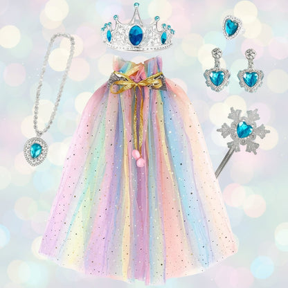 Kids' Princess Costume Set featuring a colorful cloak, tiara, and accessories, perfect for Halloween dress-up for girls in pink, blue, purple, 4