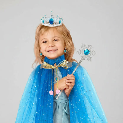 Kids' Princess Costume Set featuring a colorful cloak, tiara, and accessories, perfect for Halloween dress-up for girls in pink, blue, purple, 5