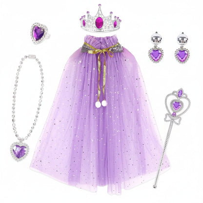 Kids' Princess Costume Set featuring a colorful cloak, tiara, and accessories, perfect for Halloween dress-up for girls in pink, blue, purple, 2