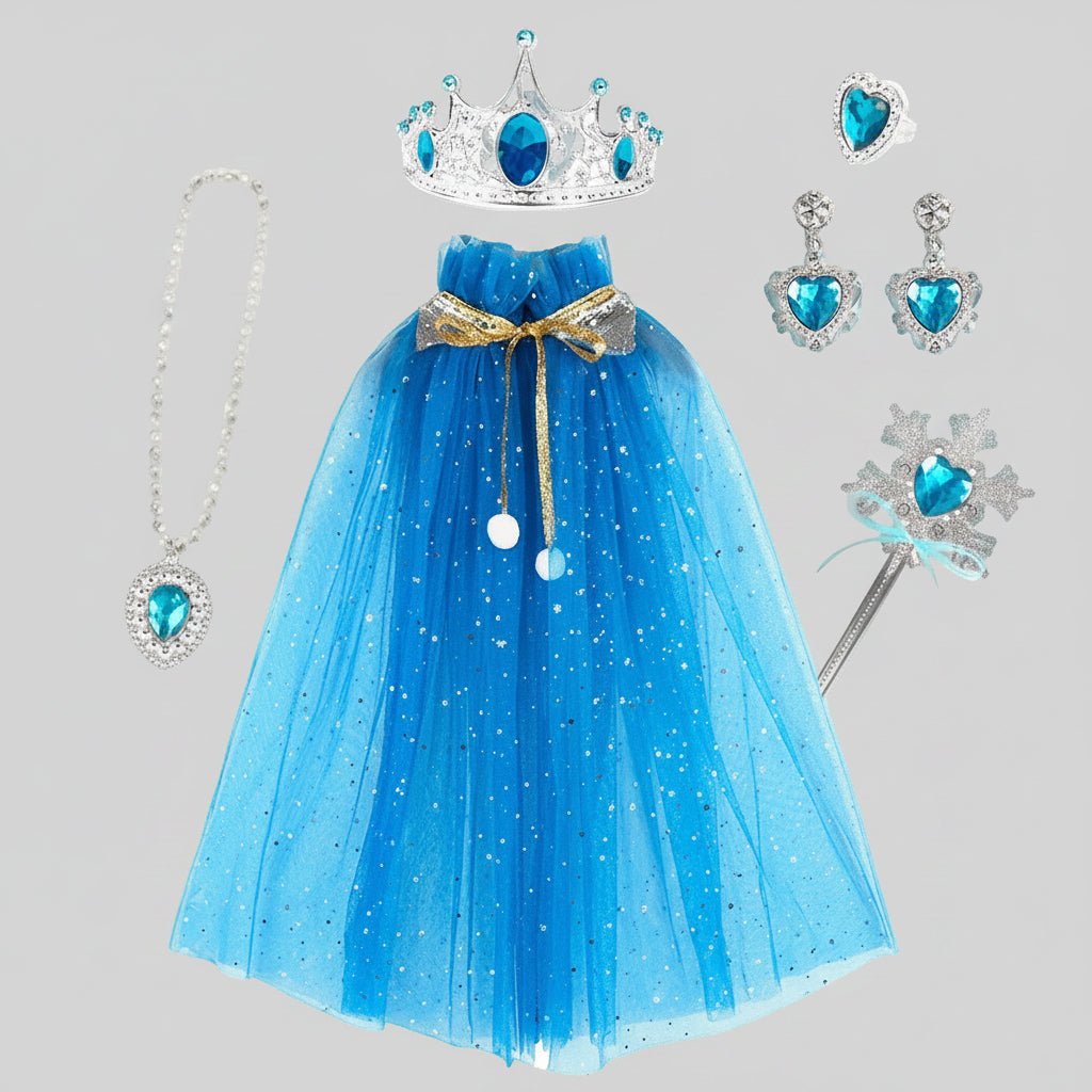 Kids' Princess Costume Set featuring a colorful cloak, tiara, and accessories, perfect for Halloween dress-up for girls in pink, blue, purple, 1