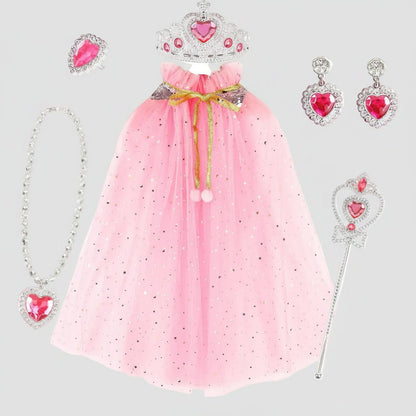 Kids' Princess Costume Set featuring a colorful cloak, tiara, and accessories, perfect for Halloween dress-up for girls in pink, blue, purple, 0