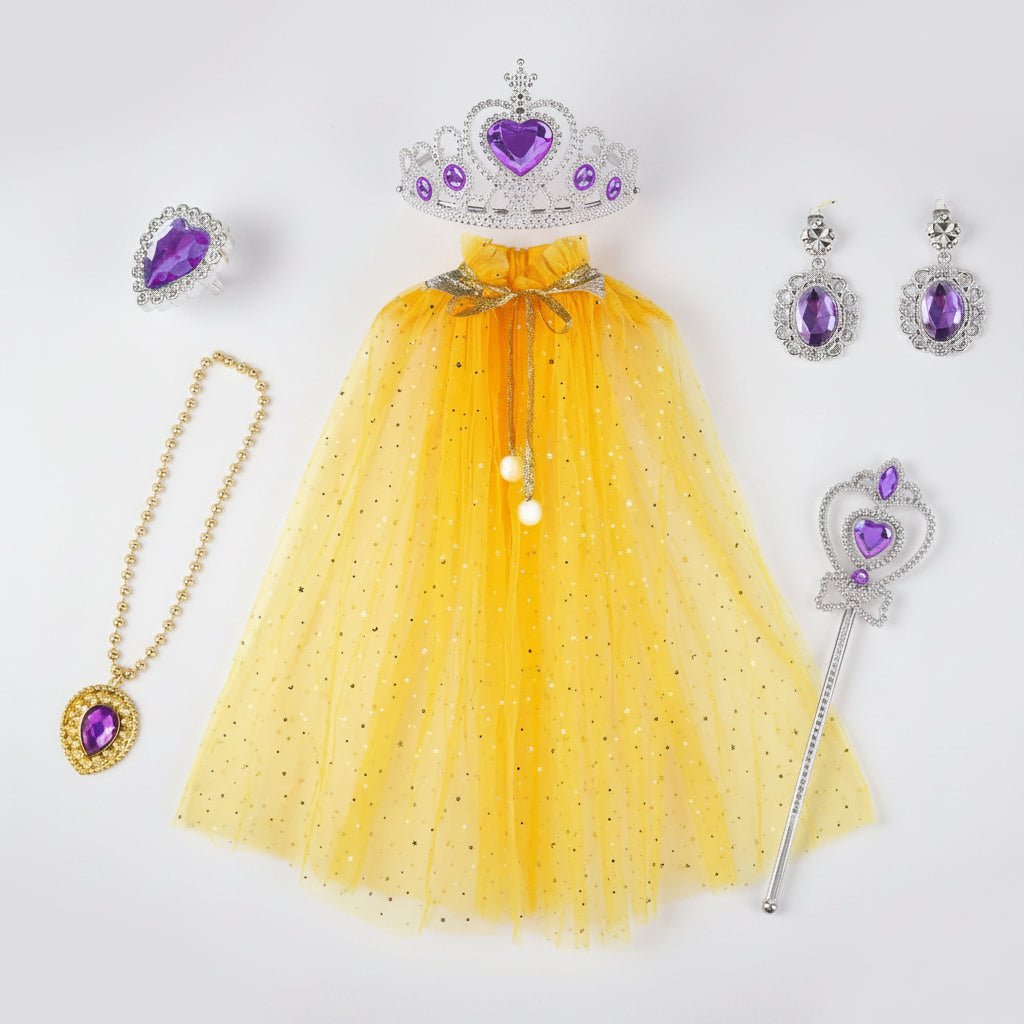 Kids' Princess Costume Set featuring a colorful cloak, tiara, and accessories, perfect for Halloween dress-up for girls in pink, blue, purple, 3