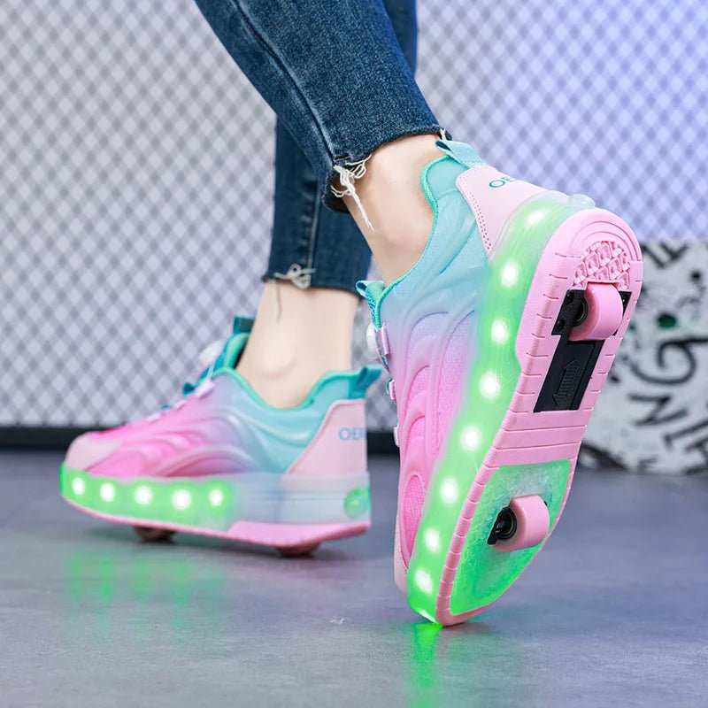 Kids roller skates featuring vibrant LED lighted wheels and a convenient USB rechargeable design, perfect for outdoor fun and active play. 4
