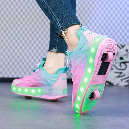 Kids roller skates featuring vibrant LED lighted wheels and a convenient USB rechargeable design, perfect for outdoor fun and active play. 4