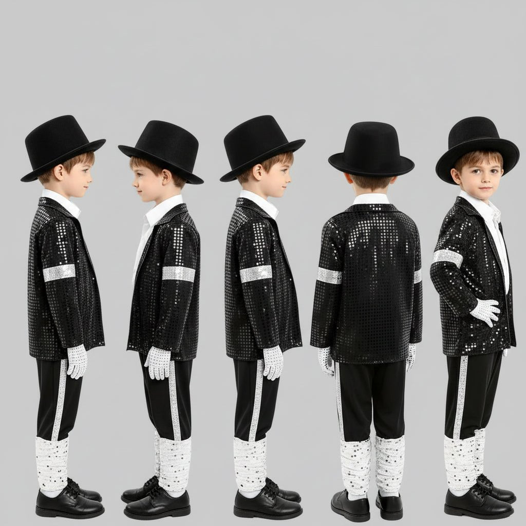 Kids Sequin Jacket Costume for Dance Performances in shimmering black and silver, available in sizes S-XL, perfect for adding sparkle to any dance routine 5