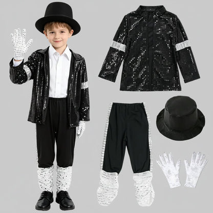 Kids Sequin Jacket Costume for Dance Performances in shimmering black and silver, available in sizes S-XL, perfect for adding sparkle to any dance routine 1