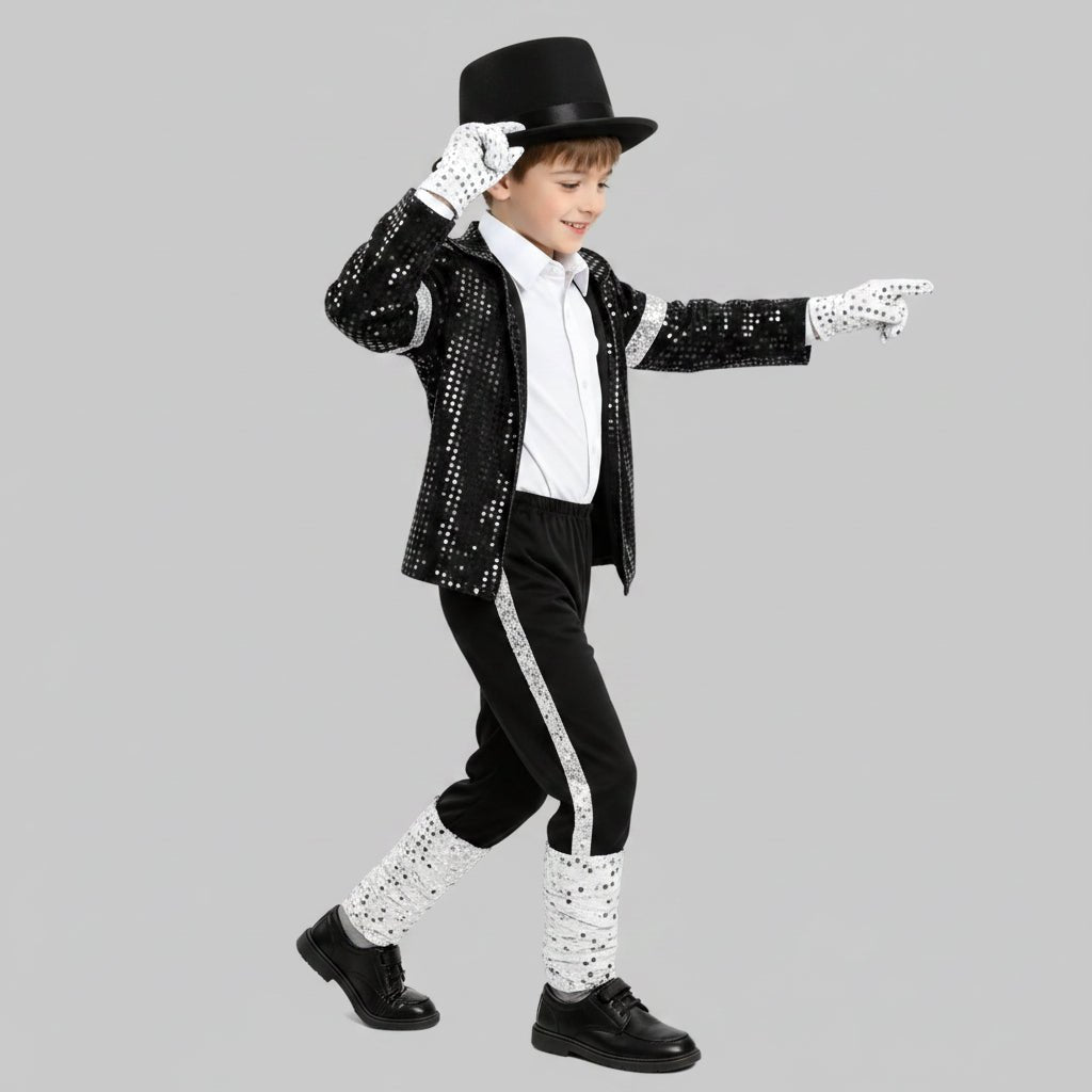 Kids Sequin Jacket Costume for Dance Performances in shimmering black and silver, available in sizes S-XL, perfect for adding sparkle to any dance routine 4