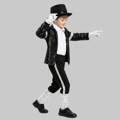 Kids Sequin Jacket Costume for Dance Performances in shimmering black and silver, available in sizes S-XL, perfect for adding sparkle to any dance routine 4