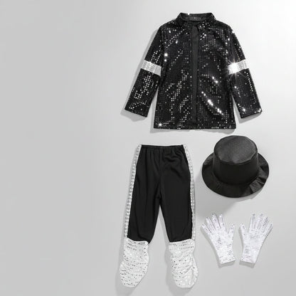 Kids Sequin Jacket Costume for Dance Performances in shimmering black and silver, available in sizes S-XL, perfect for adding sparkle to any dance routine 0