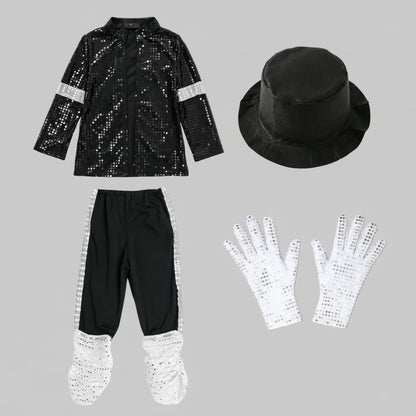 Kids Sequin Jacket Costume for Dance Performances in shimmering black and silver, available in sizes S-XL, perfect for adding sparkle to any dance routine 3