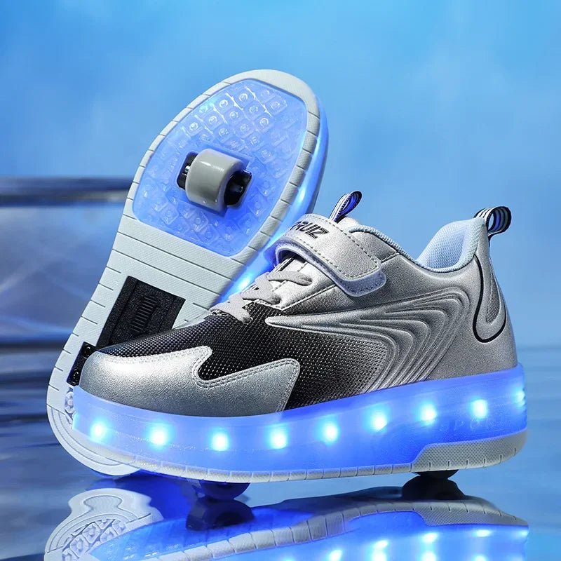 Kids shoes featuring LED lights and rolling wheels, designed with an easy Velcro closure for active play and fun outdoor adventures. 14