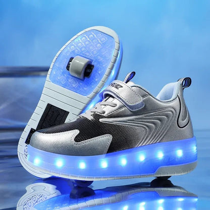 Kids shoes featuring LED lights and rolling wheels, designed with an easy Velcro closure for active play and fun outdoor adventures. 14