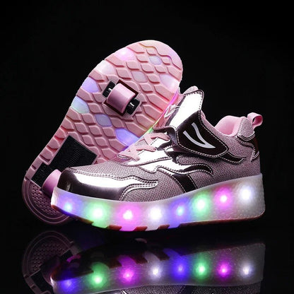 Kids shoes featuring LED lights and rolling wheels, designed with an easy Velcro closure for active play and fun outdoor adventures. 10