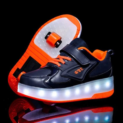 Kids shoes featuring LED lights and rolling wheels, designed with an easy Velcro closure for active play and fun outdoor adventures. 12