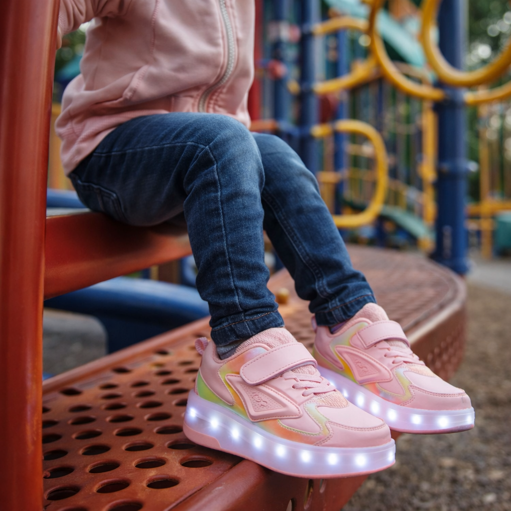 Kids shoes featuring LED lights and rolling wheels, designed with an easy Velcro closure for active play and fun outdoor adventures. 2