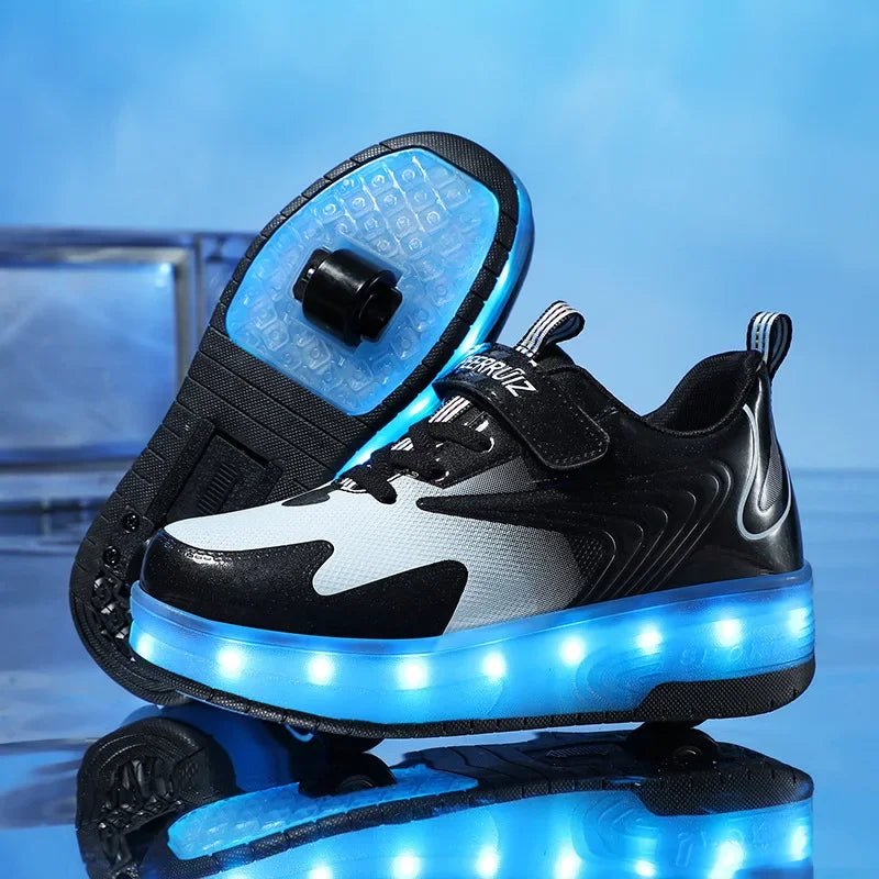 Kids shoes featuring LED lights and rolling wheels, designed with an easy Velcro closure for active play and fun outdoor adventures. 15