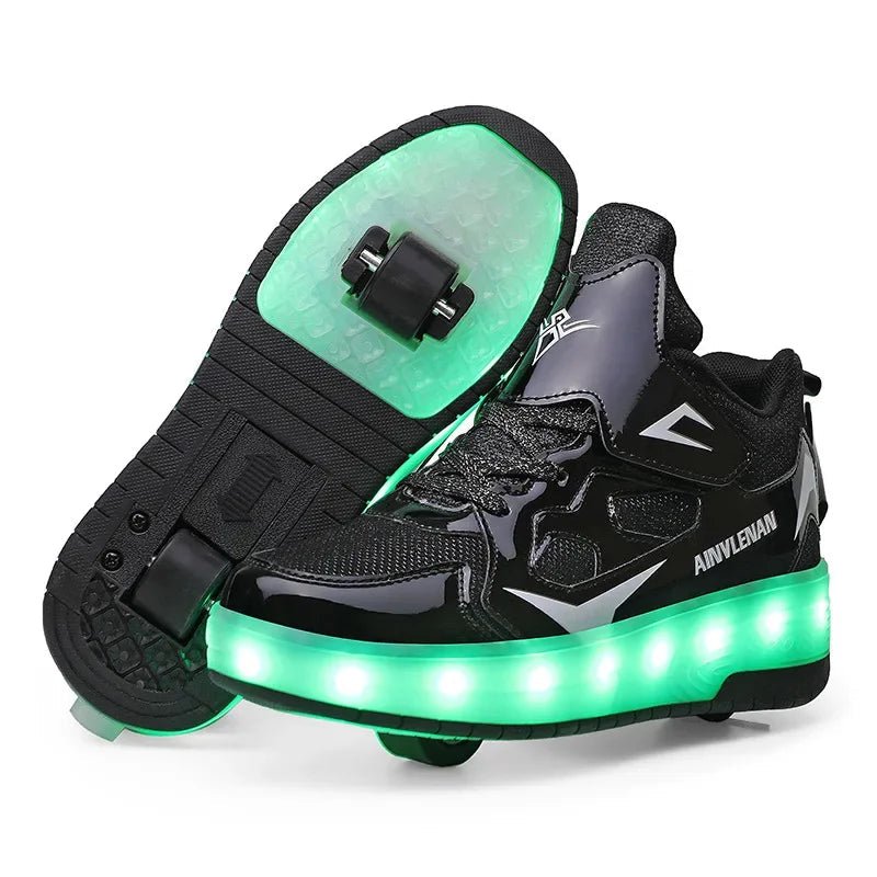 Kids shoes featuring LED lights and rolling wheels, designed with an easy Velcro closure for active play and fun outdoor adventures. 1