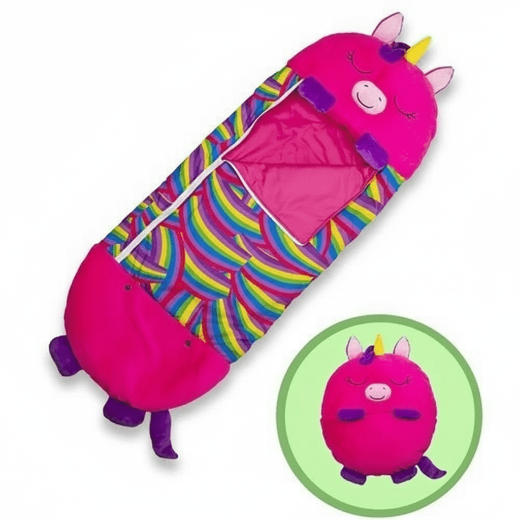 Kids sleeping bag featuring a soft animal design with a 2-in-1 pillow function, perfect for sleepovers and travel. 2
