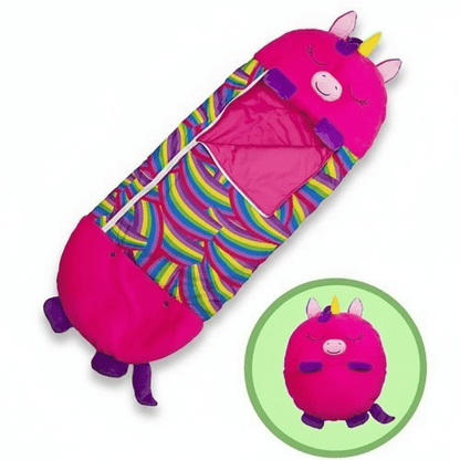 Kids sleeping bag featuring a soft animal design with a 2-in-1 pillow function, perfect for sleepovers and travel. 2