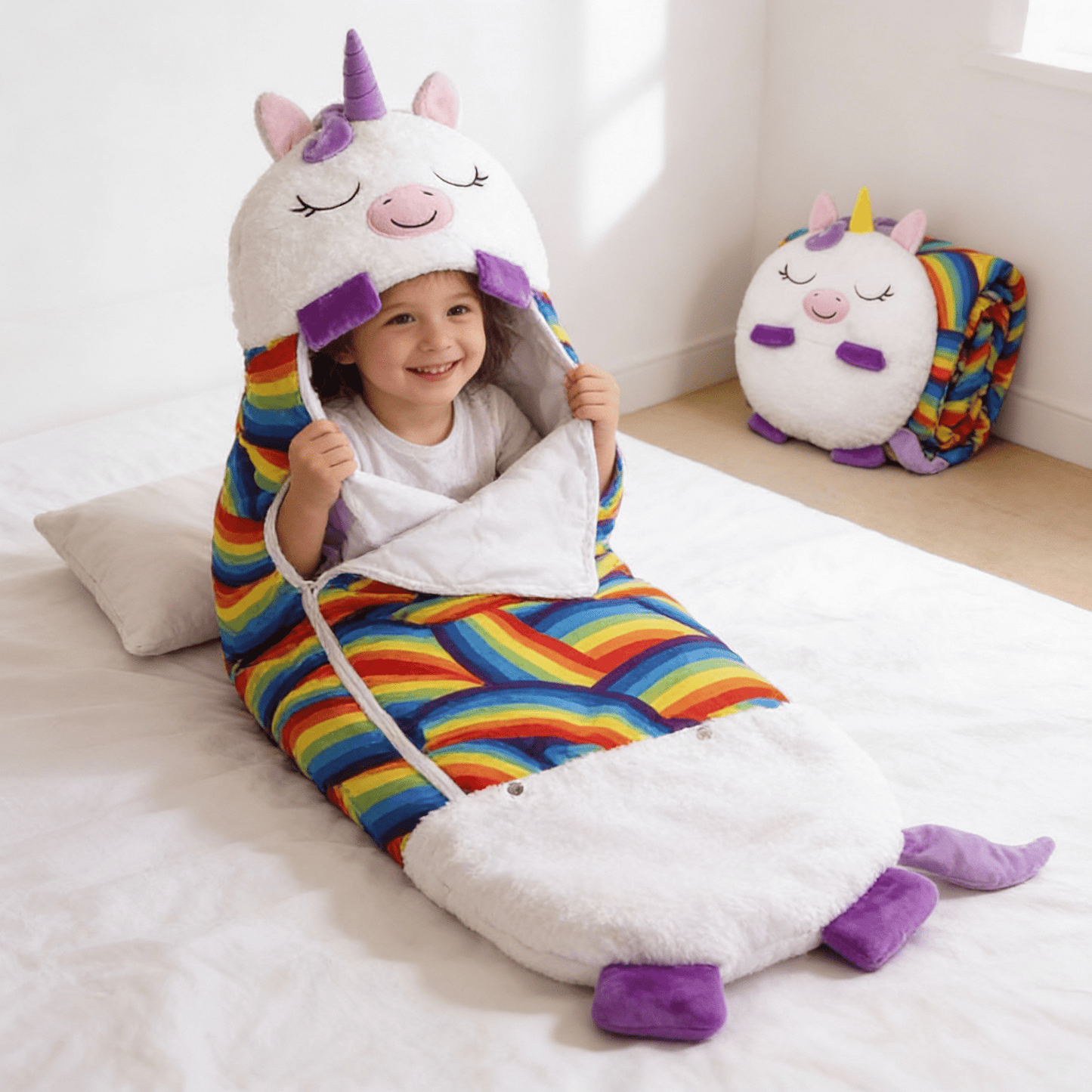 Kids sleeping bag featuring a soft animal design with a 2-in-1 pillow function, perfect for sleepovers and travel. 1