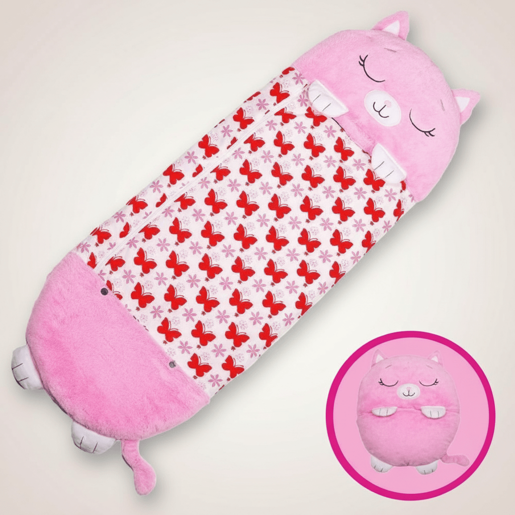 Kids sleeping bag featuring a soft animal design with a 2-in-1 pillow function, perfect for sleepovers and travel. 9