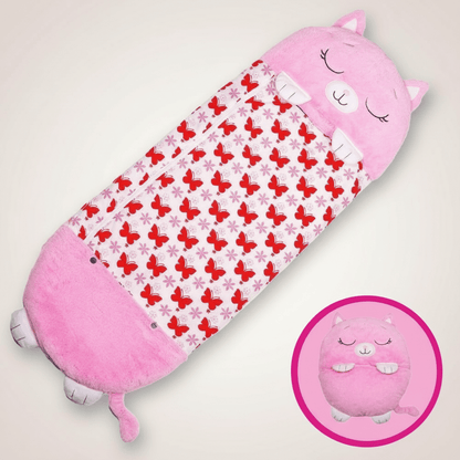 Kids sleeping bag featuring a soft animal design with a 2-in-1 pillow function, perfect for sleepovers and travel. 9